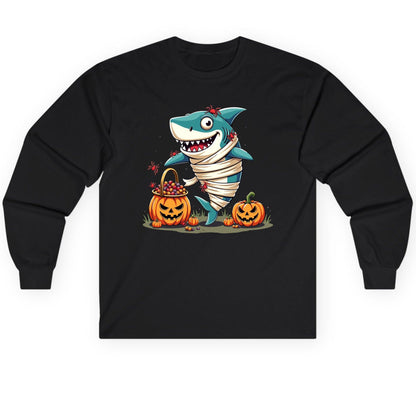 Mummy Shark Halloween shark Long Sleeve Tee Black product mockup