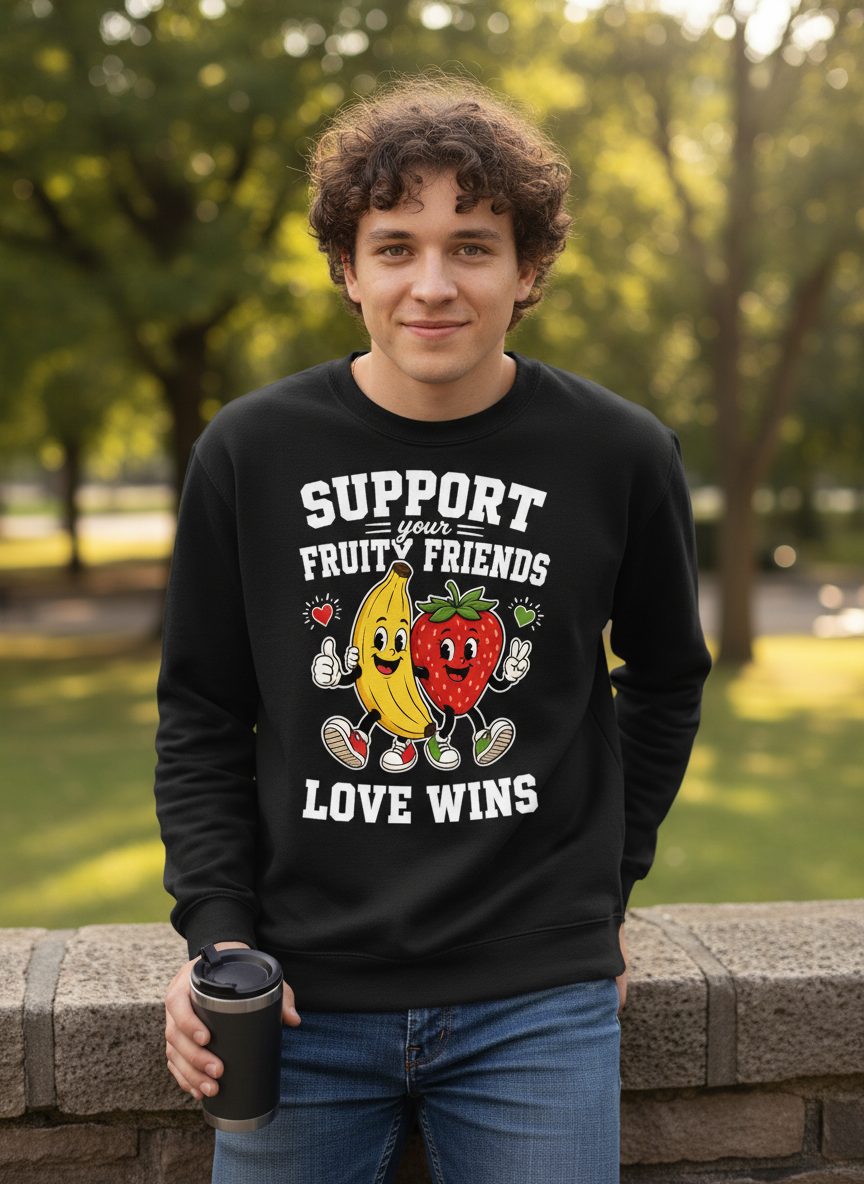 Support Your Fruity Friends Love Wins Retro Lgbtq Pride Sweatshirt - lifestyle model mockup - Black