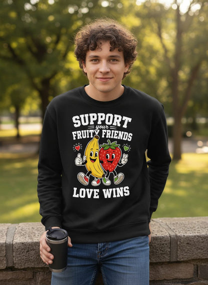 Support Your Fruity Friends Love Wins Retro Lgbtq Pride Sweatshirt - lifestyle model mockup - Black