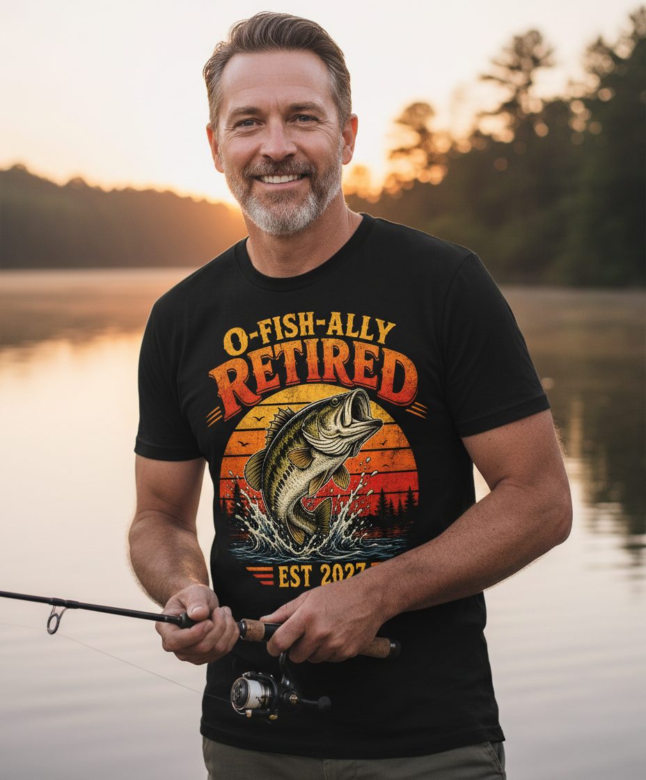 O-Fish-Ally Retired EST 2027 Funny Fishing T-Shirt - lifestyle model mockup - Black