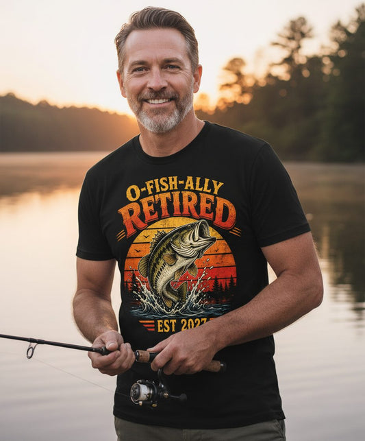 O-Fish-Ally Retired EST 2027 Funny Fishing T-Shirt - lifestyle model mockup - Black