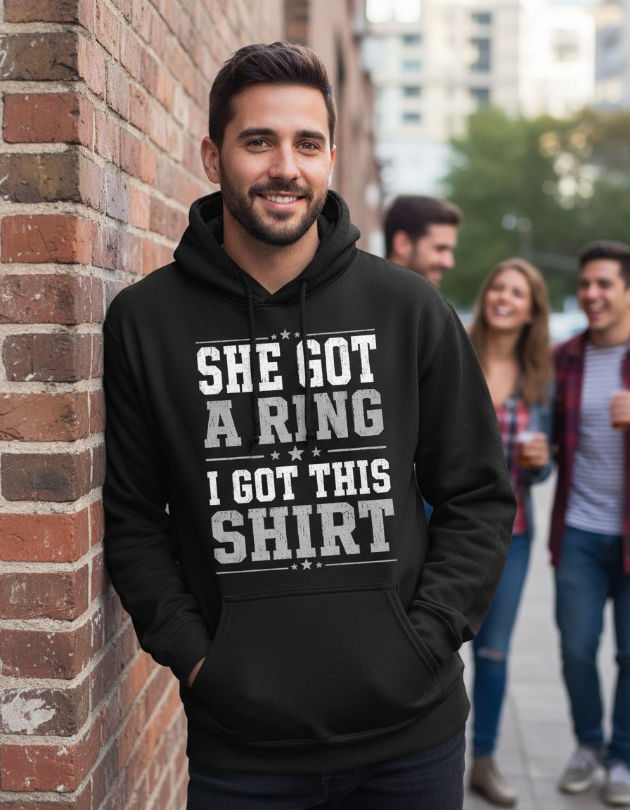 She Got a Ring I Got This Shirt Funny Bachelor Party Hoodie - lifestyle model mockup - Black