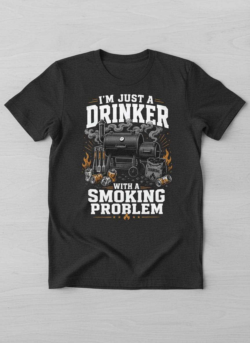 I'M JUST A DRINKER WITH A SMOKING PROBLEM Funny Drinker With A Smoking Problem BBQ T-Shirt - product mockup - Dark Heather