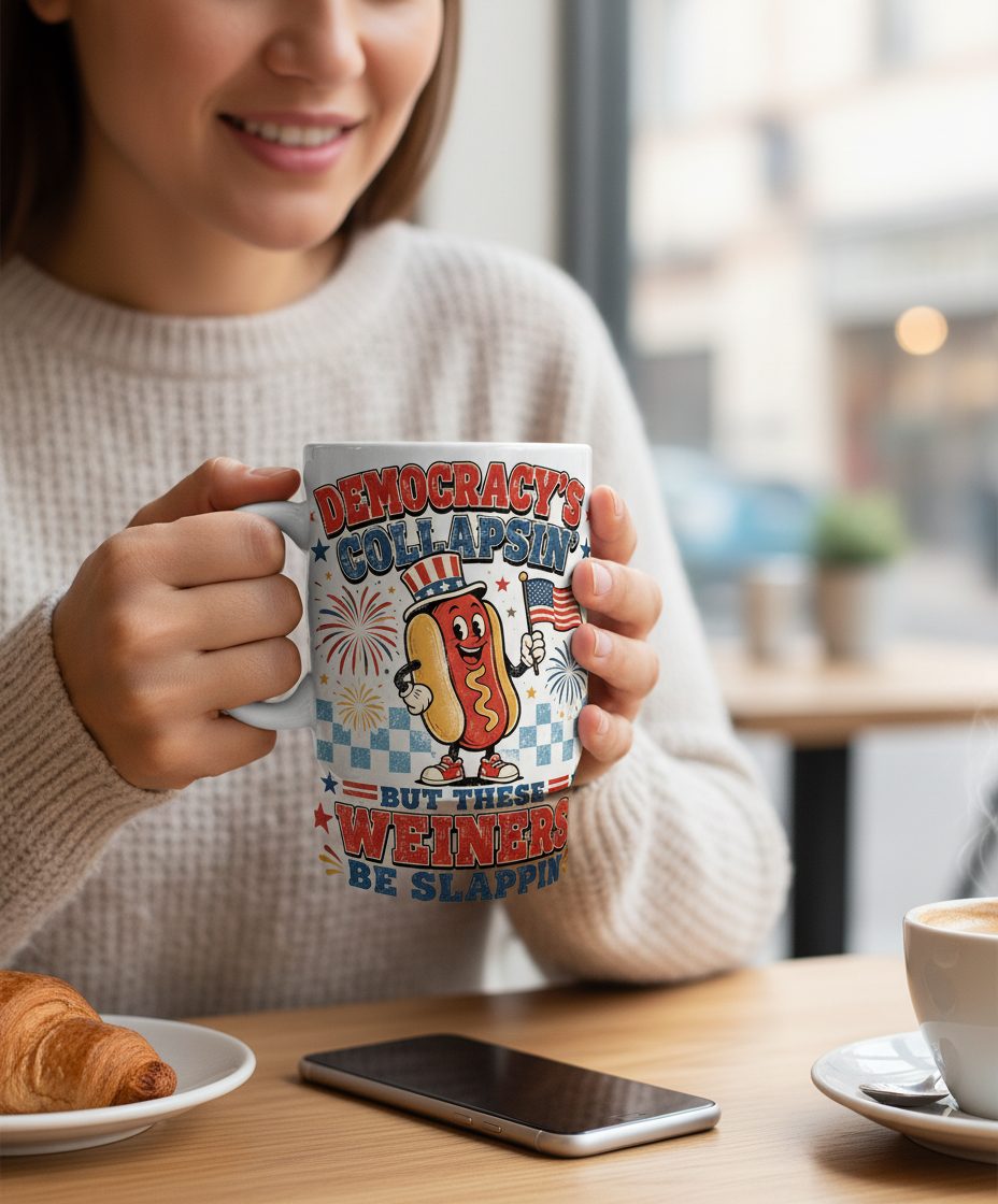 Democracy's Collapsin' but These Weiners Be Slappin' White Mug - lifestyle model mockup - White