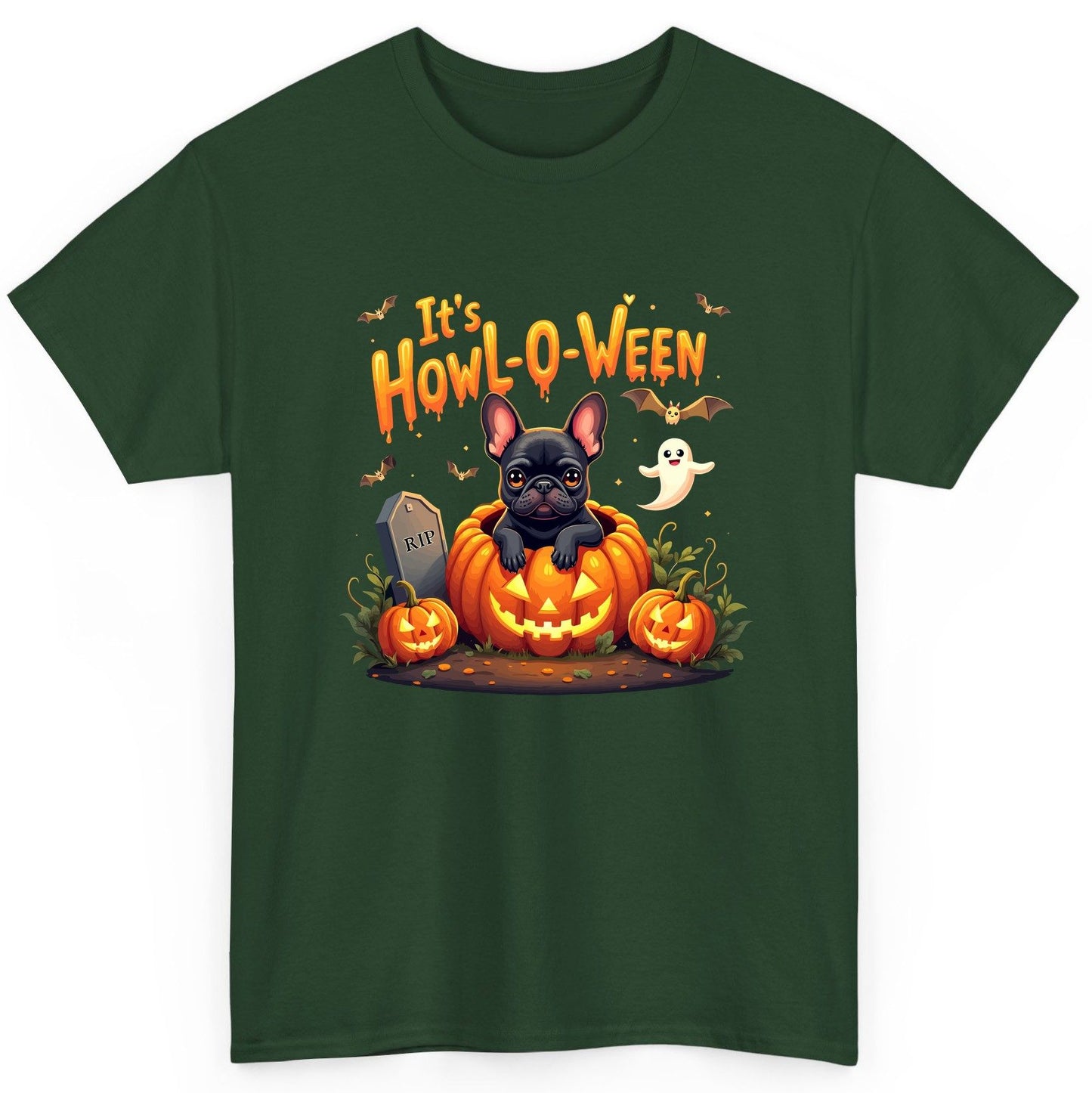 It's Howl-O-Ween french bulldog T-Shirt Forest Green product mockup
