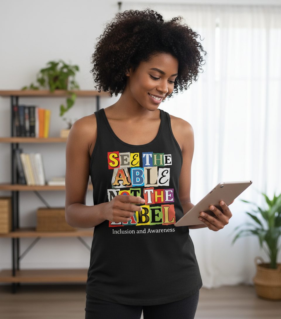 SEE THE ABLE NOT THE LABEL Inclusion and Awareness Tank Top - lifestyle model mockup - Black