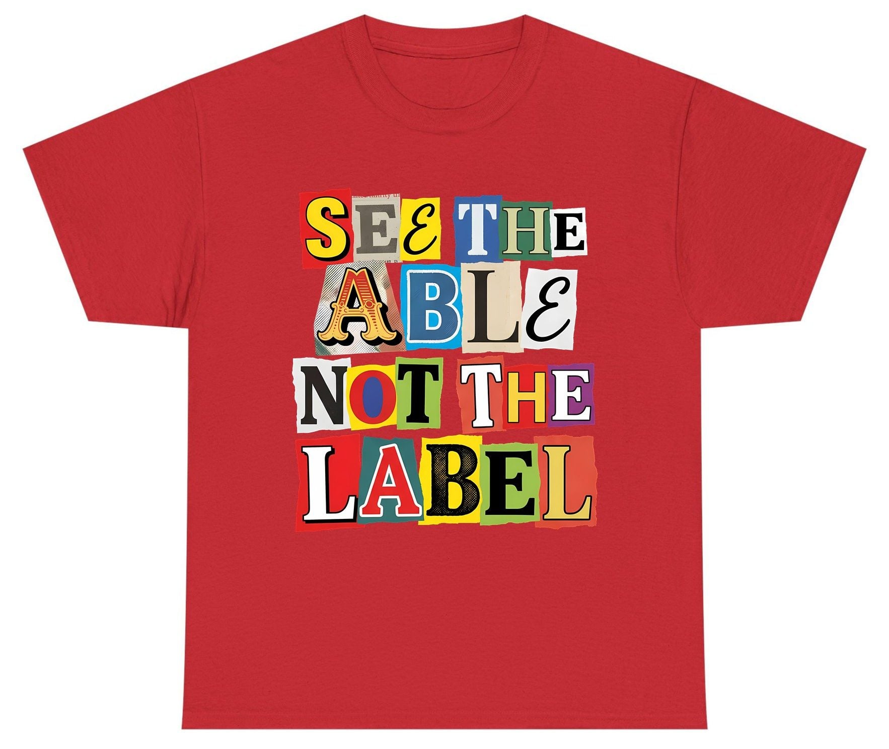 SEE THE ABLE NOT THE LABEL Inclusion and Awareness Youth T-Shirt - product mockup - Red