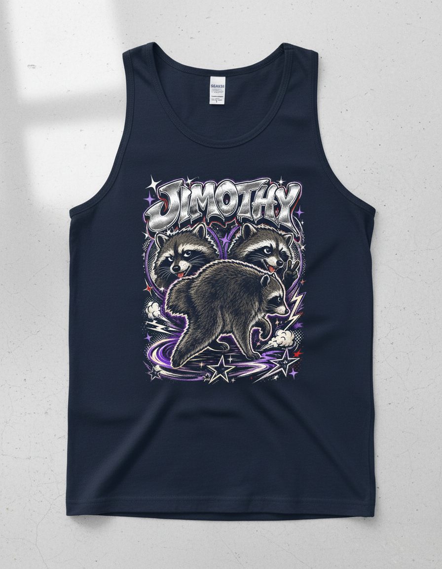 Jimothy Funny Raccoon Tank Top - product mockup - Navy