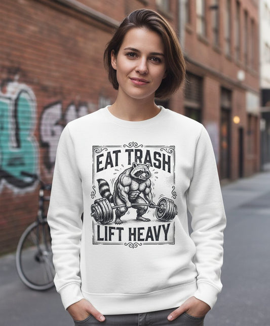 Eat Trash Lift Heavy raccoon Sweatshirt White lifestyle mockup