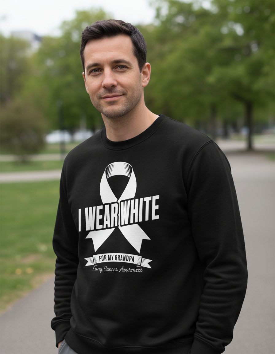 I Wear White for My Grandpa lung cancer awareness Sweatshirt Black lifestyle mockup