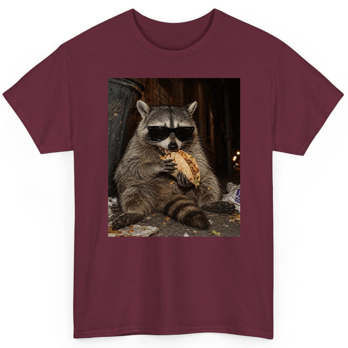 Raccoon Eating Taco Funny Animal Lovers T-Shirt - product mockup - Maroon