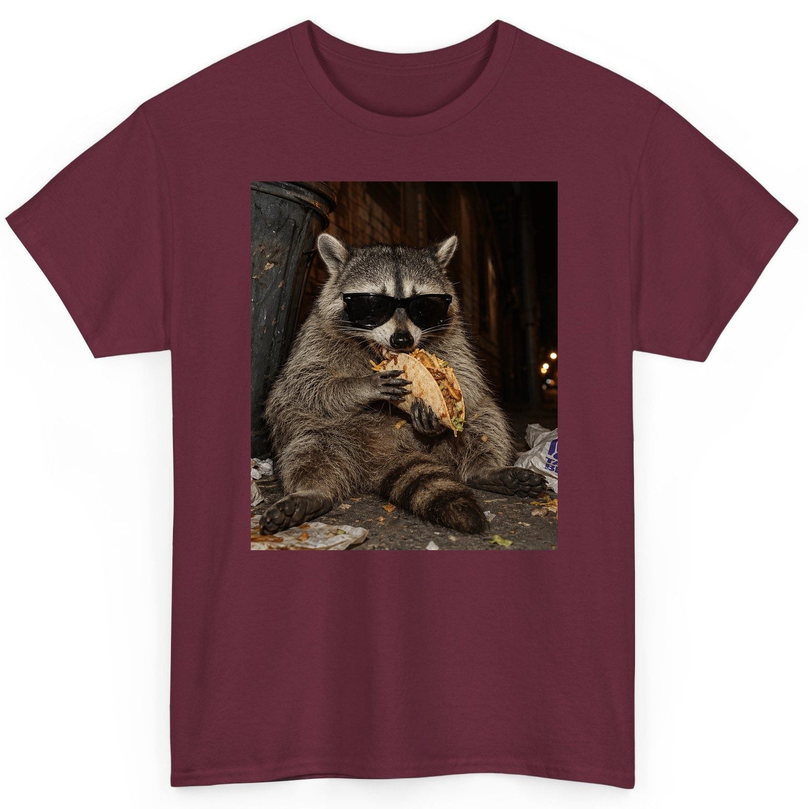 Raccoon Eating Taco Funny Animal Lovers T-Shirt - product mockup - Maroon