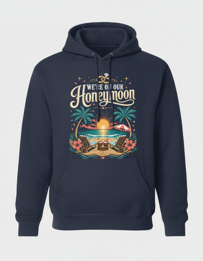 We're on Our Honeymoon Retro Newlyweds Hoodie - product mockup - Navy