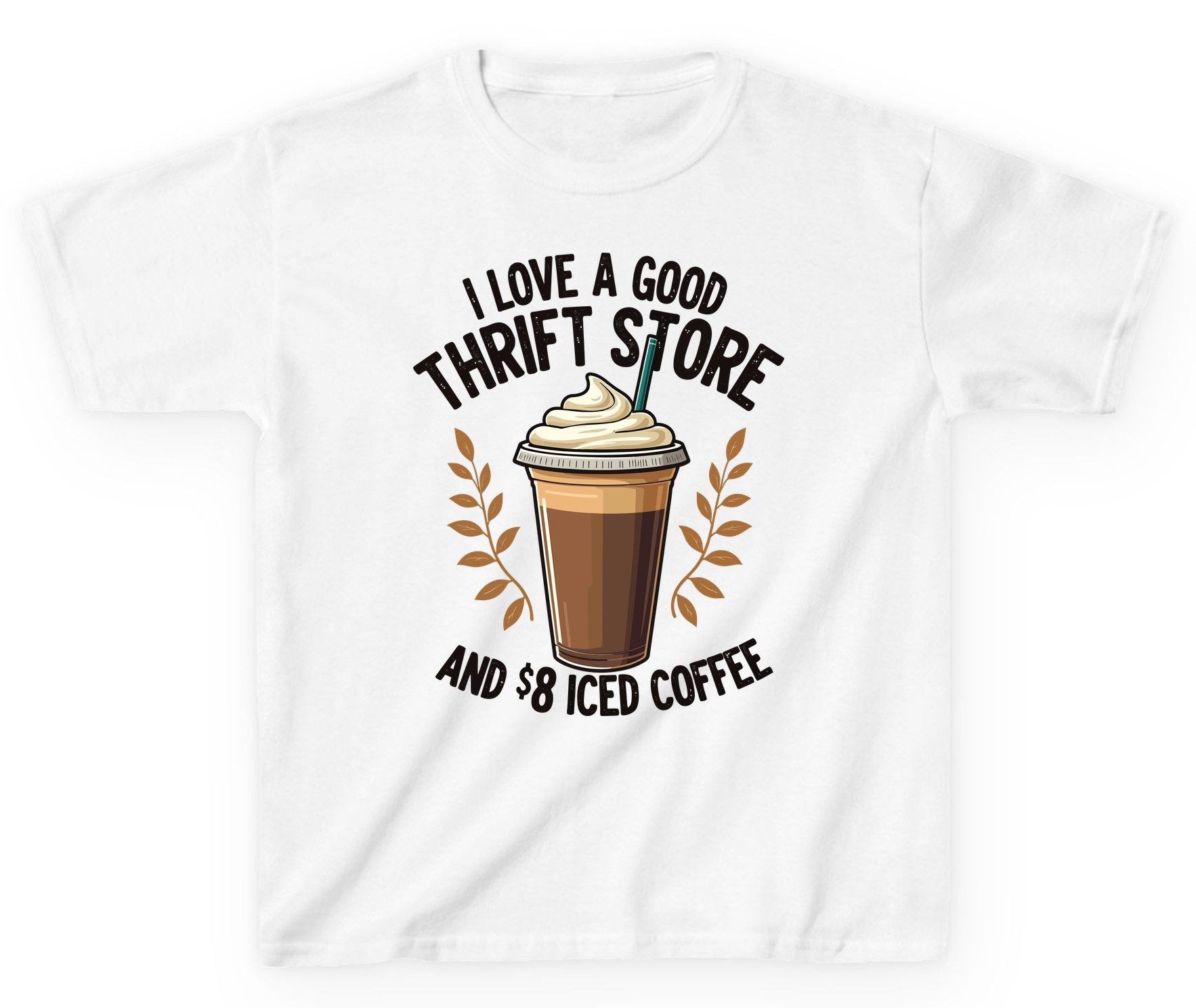 I Love a Good Thrift Store and 8 Iced Coffee coffee and thrifting Youth T-Shirt White product mockup