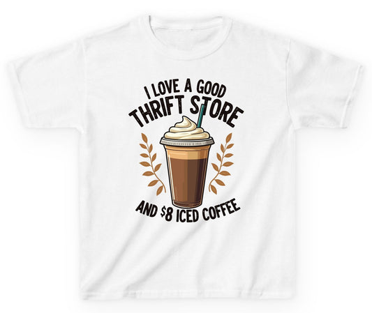 I Love a Good Thrift Store and 8 Iced Coffee coffee and thrifting Youth T-Shirt White product mockup