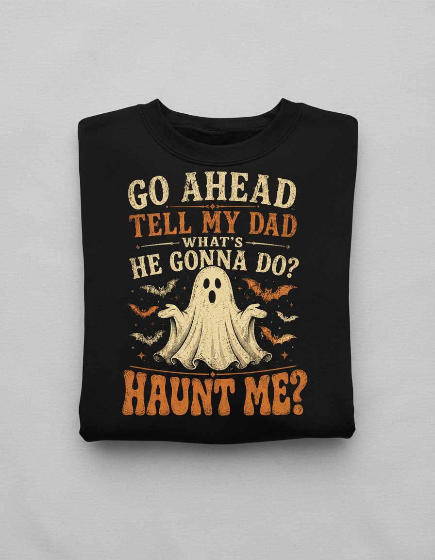 GO AHEAD TELL MY DAD WHAT'S HE GONNA DO HAUNT ME Sweatshirt - product mockup - Black