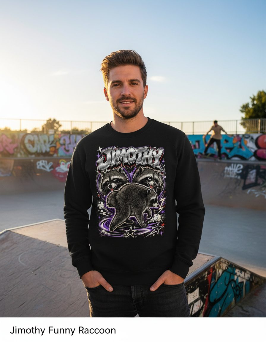 Jimothy Funny Raccoon Sweatshirt - lifestyle model mockup - Black