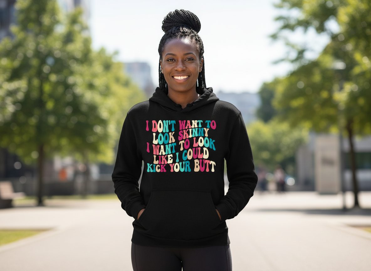 I Don't Want to Look Skinny I Want to Look Like I Could Kick Your Butt fitness motivation Hoodie Black lifestyle mockup