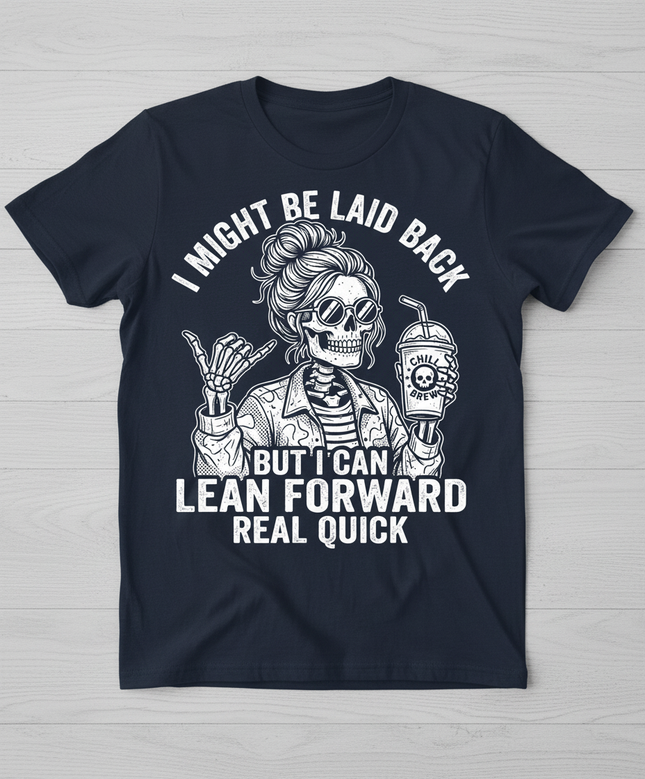 I Might Be Laid Back But I Can Lean Forward Skeleton with Messy Bun T-Shirt - Navy