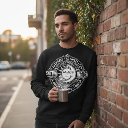 Sativa to Change the Things I Can Indica to Accept Sweatshirt - lifestyle model mockup - Black