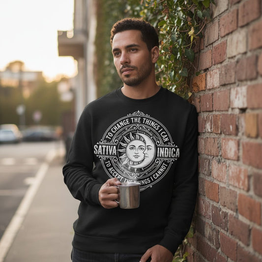 Sativa to Change the Things I Can Indica to Accept Sweatshirt - lifestyle model mockup - Black