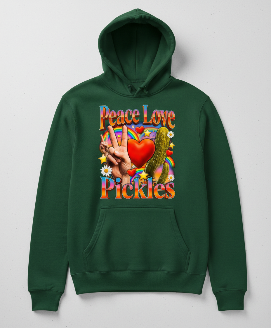 Peace Love Pickles Retro Hippie Design Hoodie - Forest Green