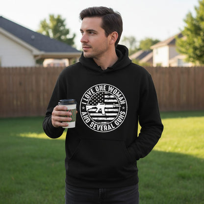 I LOVE ONE WOMAN AND Several GUNS Funny Gun Owners Hoodie - lifestyle model mockup - Black