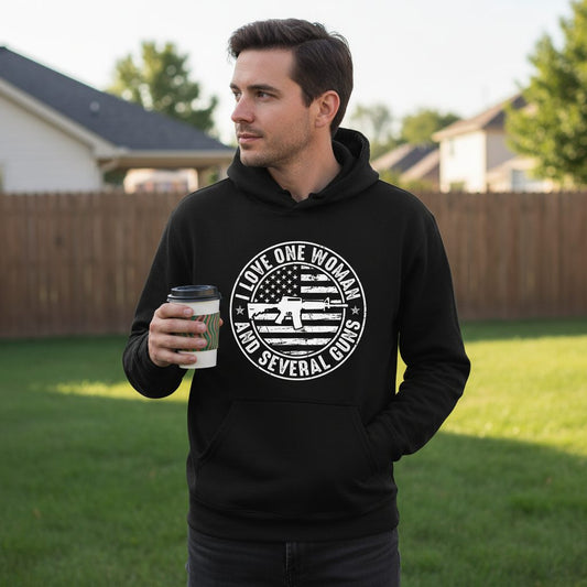 I LOVE ONE WOMAN AND Several GUNS Funny Gun Owners Hoodie - lifestyle model mockup - Black