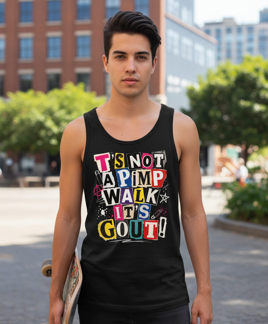 T's Not a Pimp Walk It's Gout Funny Humor Tank Top - lifestyle model mockup - Black