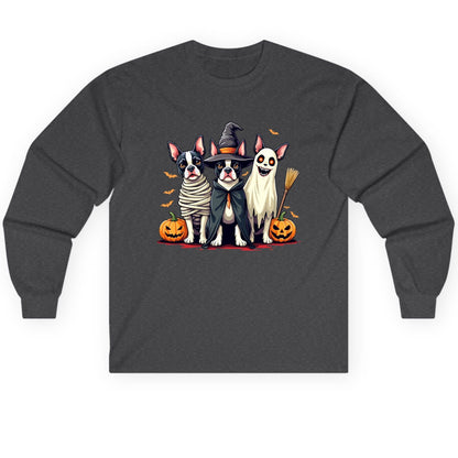 Halloween Boston Terrier Trio boston terrier Long Sleeve Tee Dark Heather product mockup