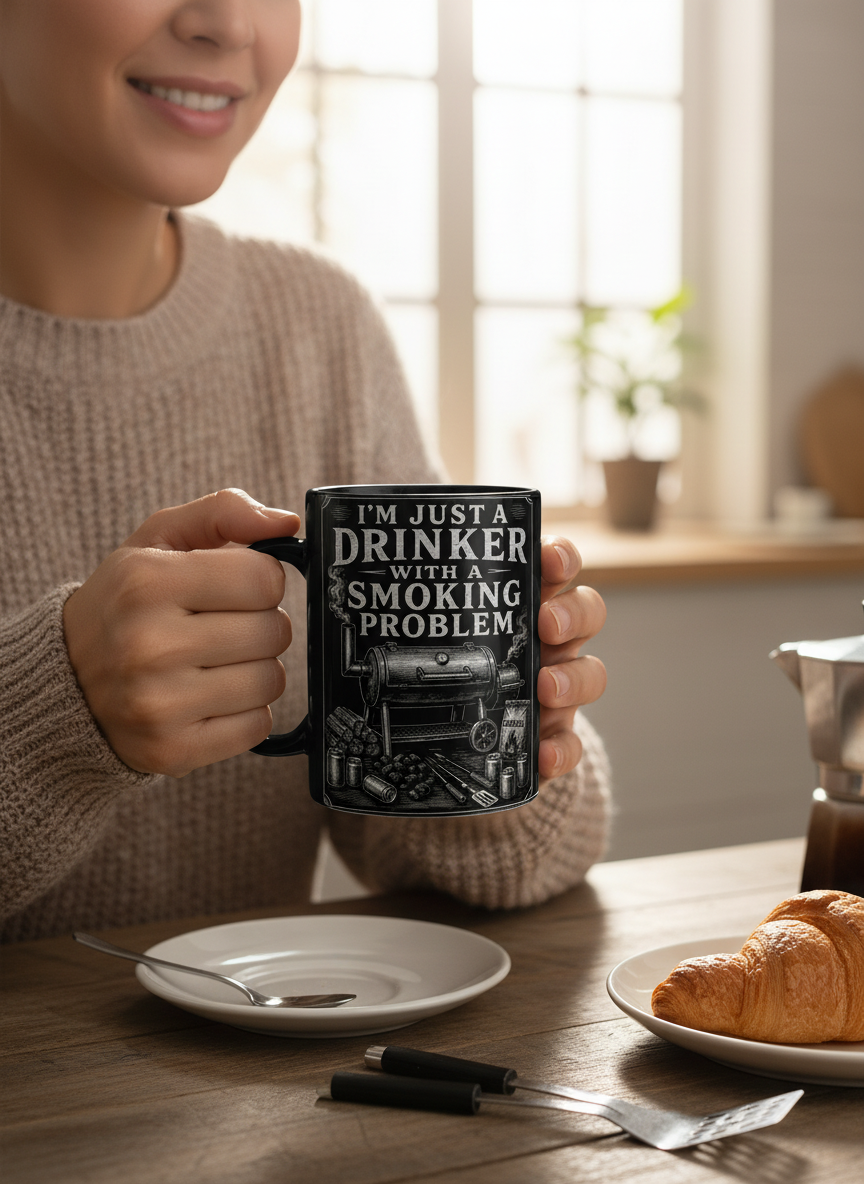 I'M JUST A DRINKER WITH A SMOKING PROBLEM Funny Drinker With A Smoking Problem BBQ Black Mug - lifestyle model mockup - Black