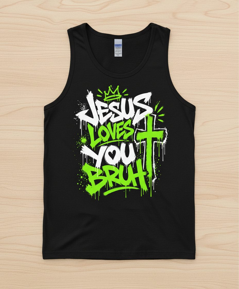 Jesus Loves You Bruh Christian Tank Top - product mockup - Black
