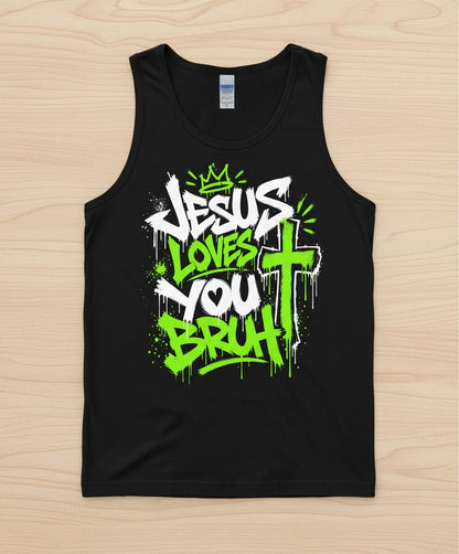 Jesus Loves You Bruh Christian Tank Top - product mockup - Black
