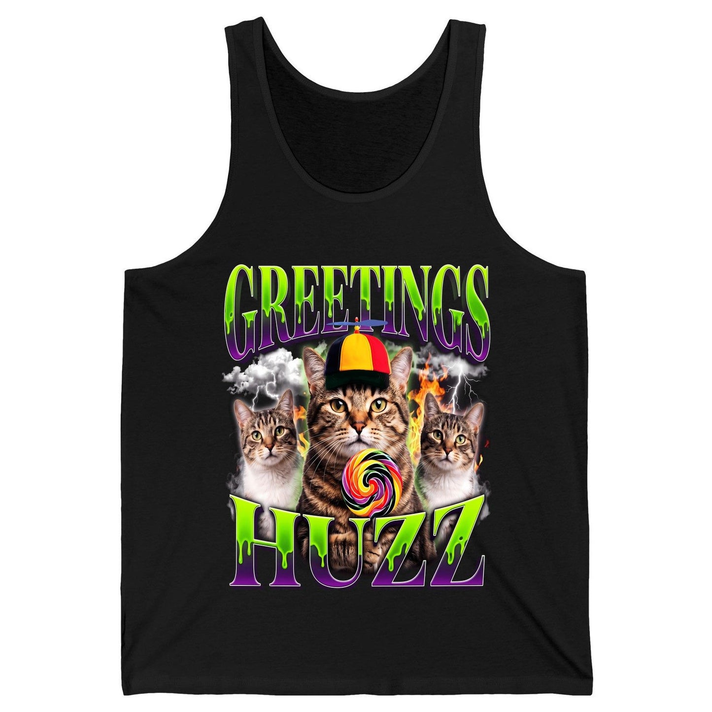 Greetings HUZZ Funny Cat Tank Top - product mockup - Black