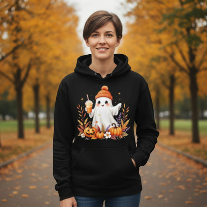 Cute Ghost Pumpkin Spice Latte cute Halloween ghost Hoodie Black lifestyle mockup