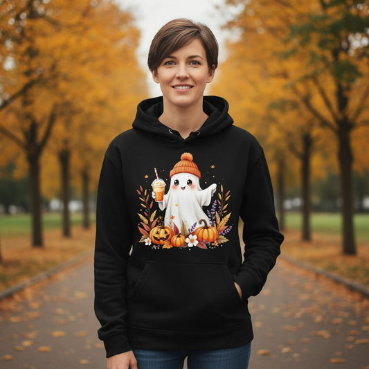 Cute Ghost Pumpkin Spice Latte cute Halloween ghost Hoodie Black lifestyle mockup