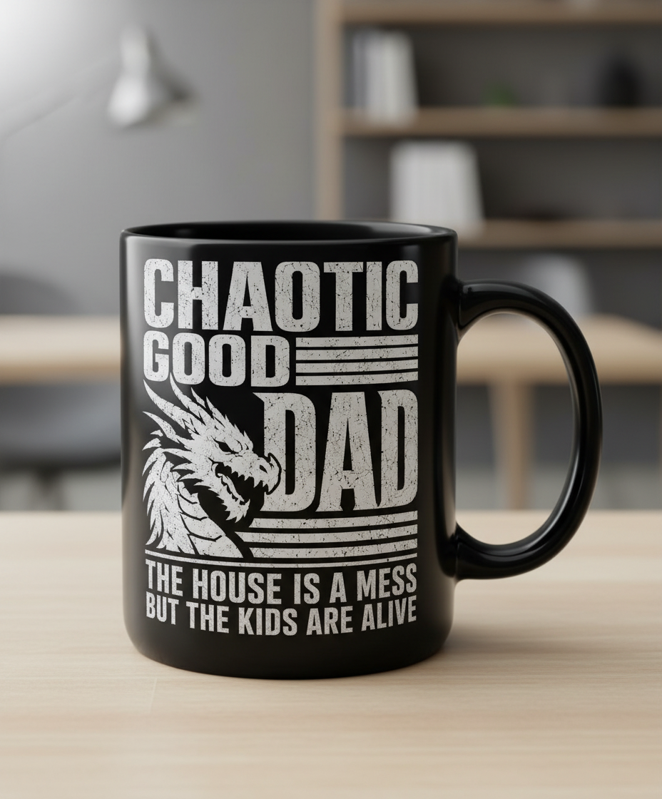 CHAOTIC GOOD DAD THE HOUSE IS A MESS BUT THE KIDS ARE ALIVE Funny Chaotic Good Dad Dragon Black Mug - product mockup - Black