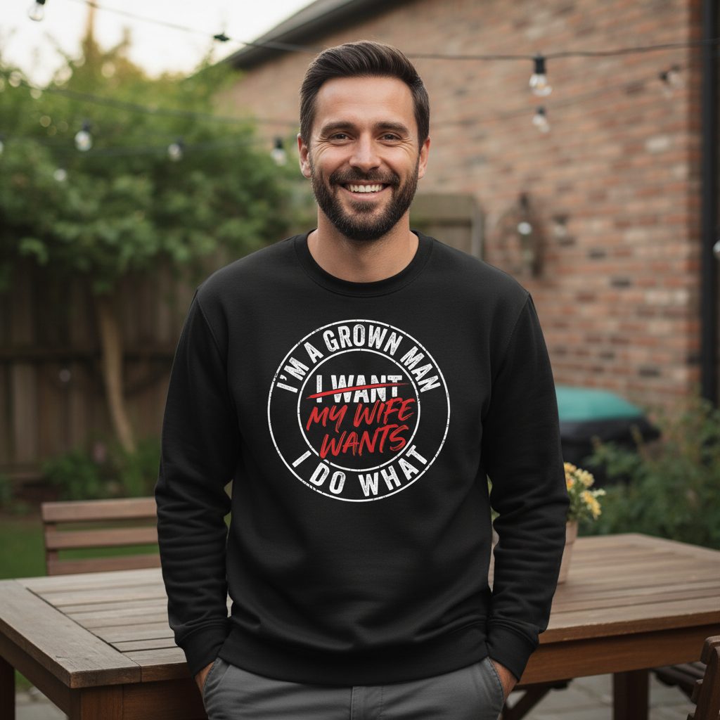 I'm a Grown Man I Do What I Want My Wife Wants Sweatshirt - lifestyle model mockup - Black