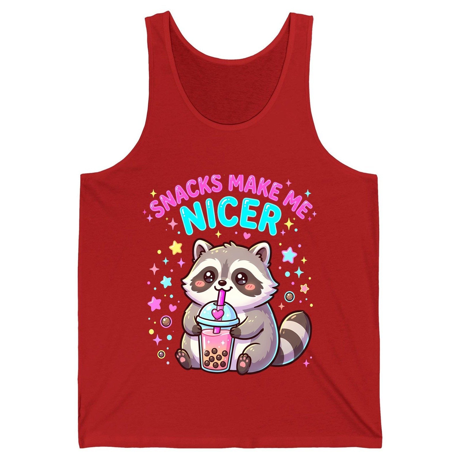 SNACKS MAKE ME NICER Funny Raccoon Tank Top - product mockup - Red