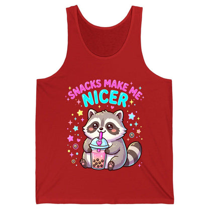 SNACKS MAKE ME NICER Funny Raccoon Tank Top - product mockup - Red