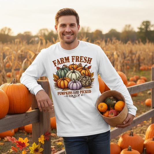 Farm Fresh Pumpkins Hand Picked Daily autumn pumpkins Long Sleeve Tee White lifestyle mockup