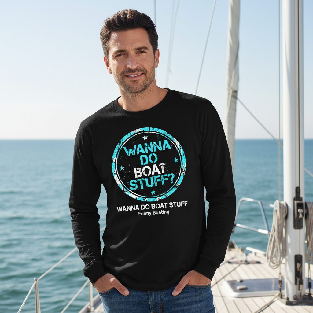WANNA DO BOAT STUFF Funny Boating Long Sleeve Tee - lifestyle model mockup - Black