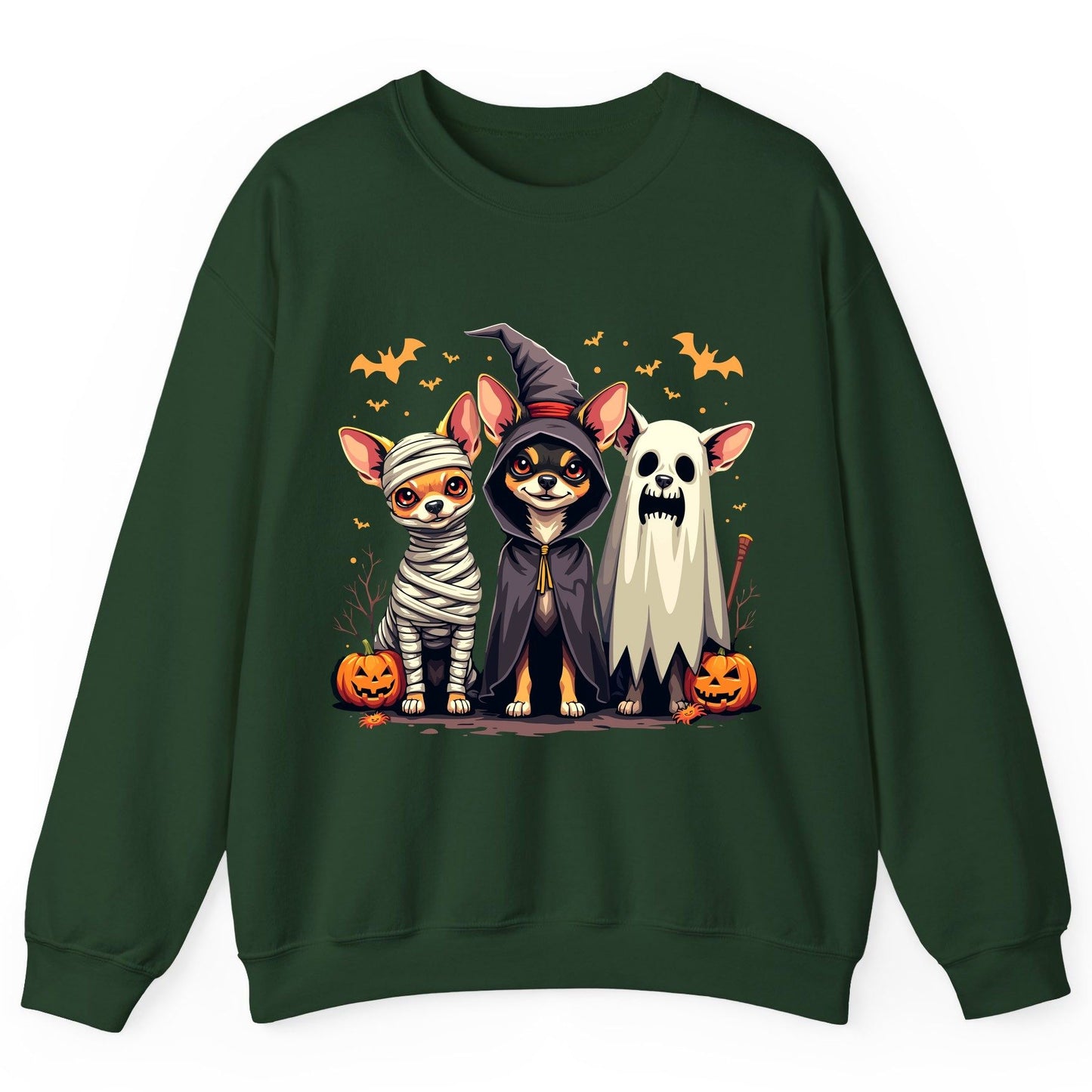 Chihuahua Halloween Costumes chihuahua dogs in Halloween costumes Sweatshirt Forest Green product mockup