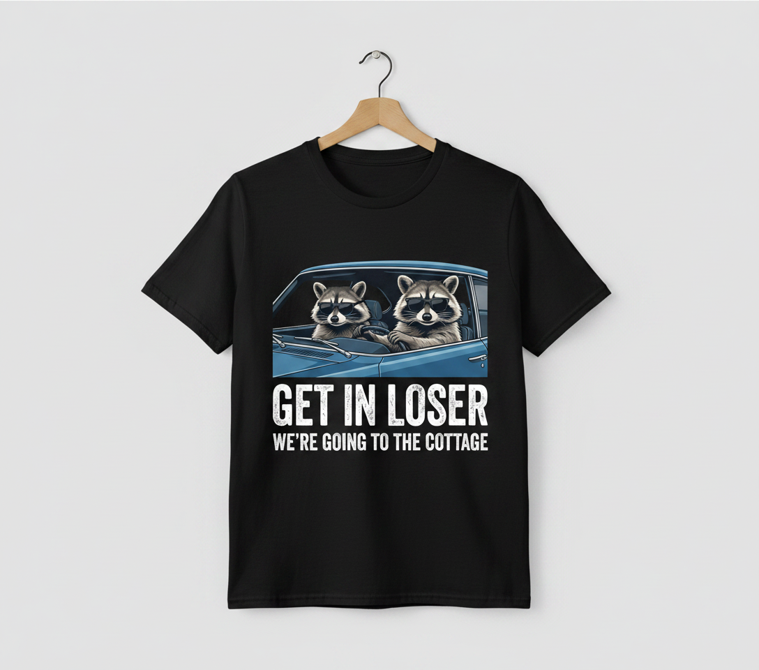 Funny Raccoon Get In Loser We're Going To The Cottage T-Shirt - Black