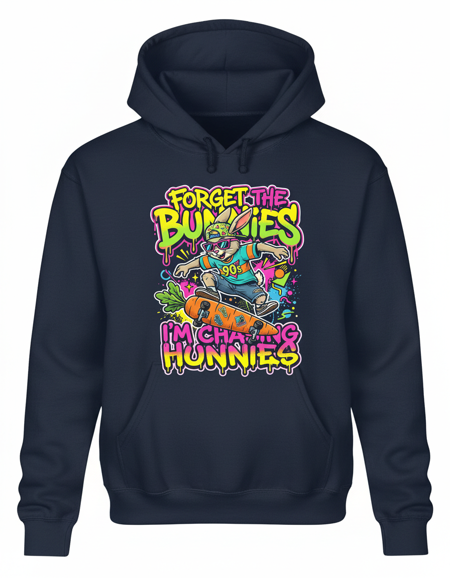 Funny 90s Skater Rabbit Chasing Hunnies Hoodie - Navy