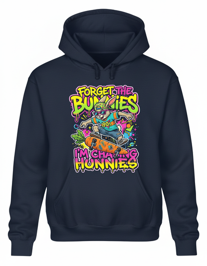 Funny 90s Skater Rabbit Chasing Hunnies Hoodie - Navy