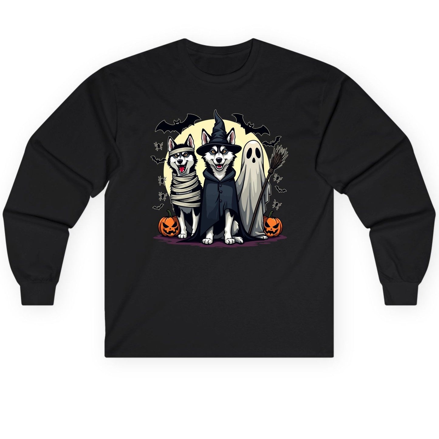 Halloween Huskies in Costumes Halloween huskies Long Sleeve Tee Black product mockup