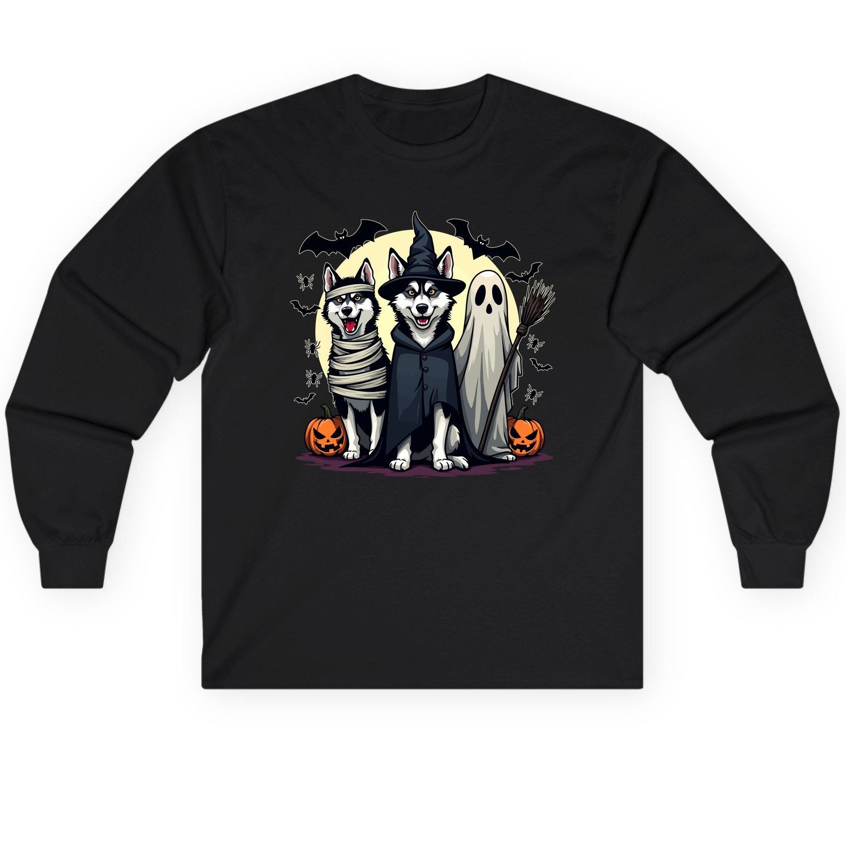 Halloween Huskies in Costumes Halloween huskies Long Sleeve Tee Black product mockup