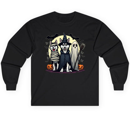 Halloween Huskies in Costumes Halloween huskies Long Sleeve Tee Black product mockup