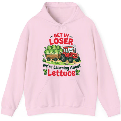GET IN LOSER We're Learning About Lettuce Funny Farming Hoodie - product mockup - Light Pink